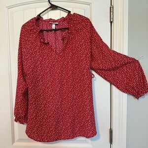 Isabel Long Sleeve Ruffle Maternity top Red +tiny white flowers drawstring waist